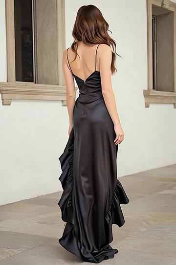 Black High Low Spaghetti Straps Prom Dress with Ruffles